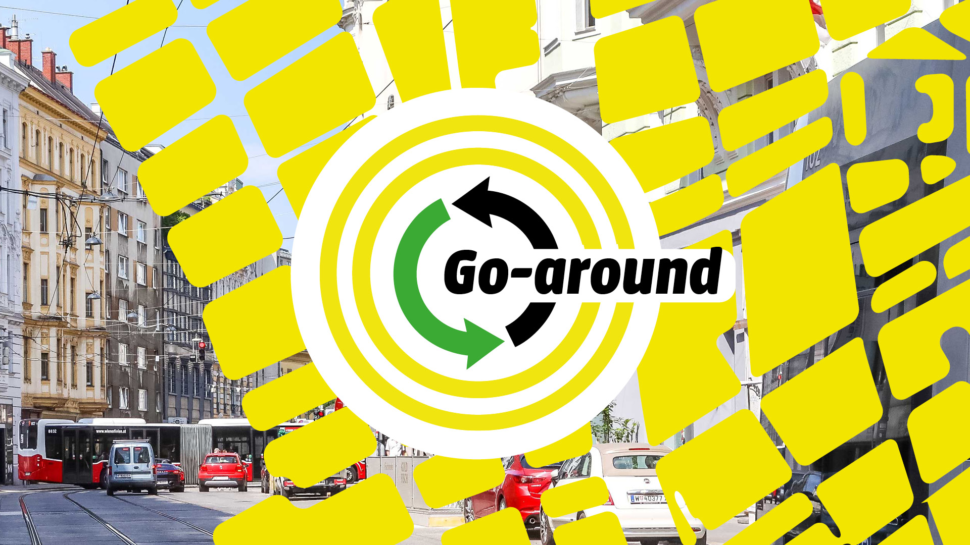 Go-around Logo vor der Lerchenfelder Straße in Wien als Symbol für Kreislaufwirtschaft und nachhaltigen Konsum.